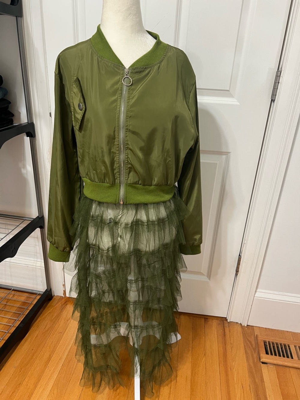Olive Green Bomber Jacket with Ruffled Tulle Skirt - Picture 2 of 4